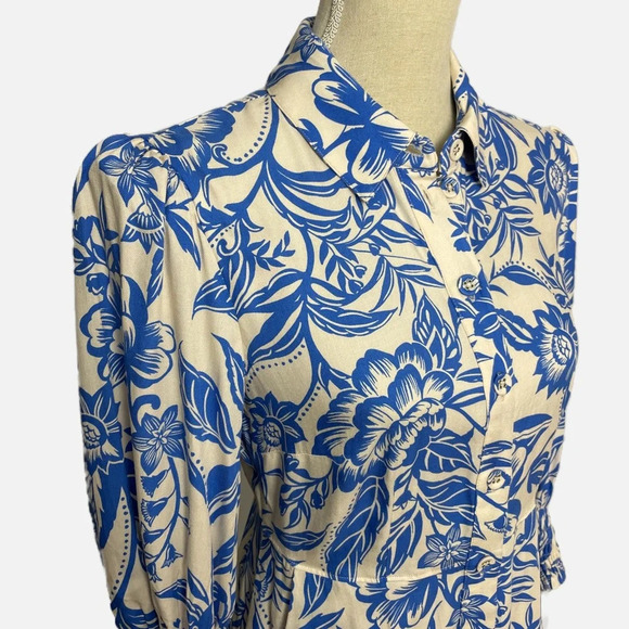 Cabi Athena Button Front Midi Dress Floral Print Puff Shoulder Cream Blue XS - Picture 4 of 13